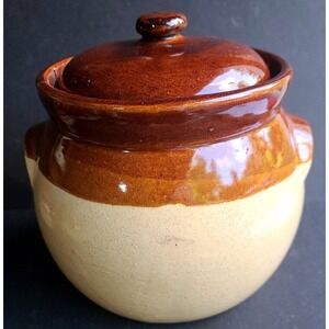 Vintage Stoneware Bean Pot Crock Two-Tone Brown Salt Glazed with Lid & Handles